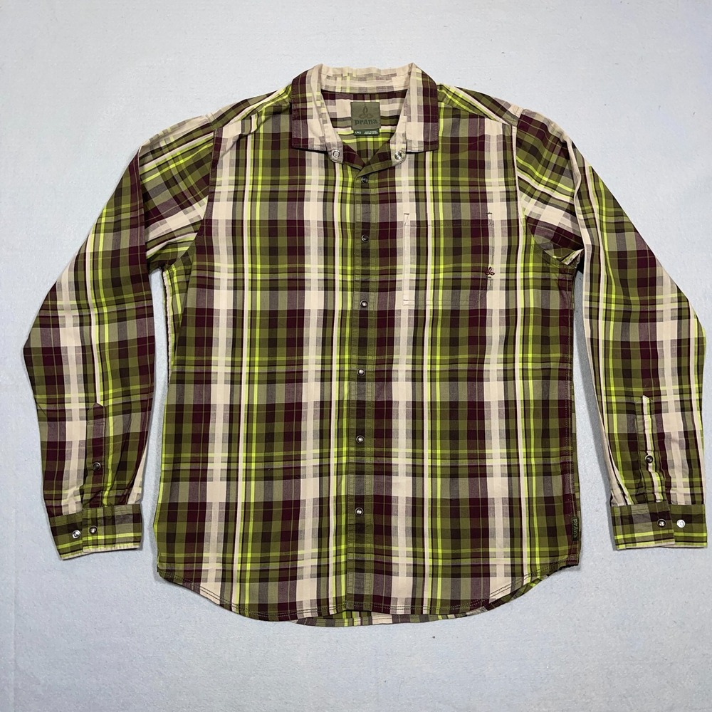 Prana Plaid Shirt Men Large Regular Fit Green Purple Organic Cotton Outdoor
